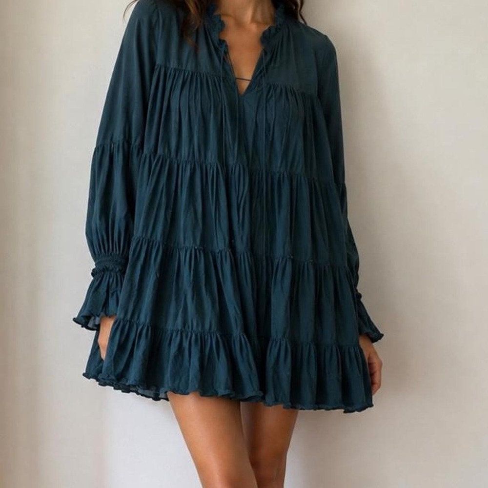 Sea New York Teal Tiered Ruffle Mini Dress Boho Romantic Small Sea New York